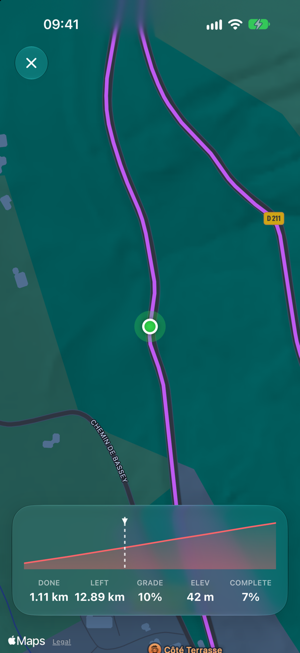 Live route map following the rider up the D211 at 10%, 7% complete